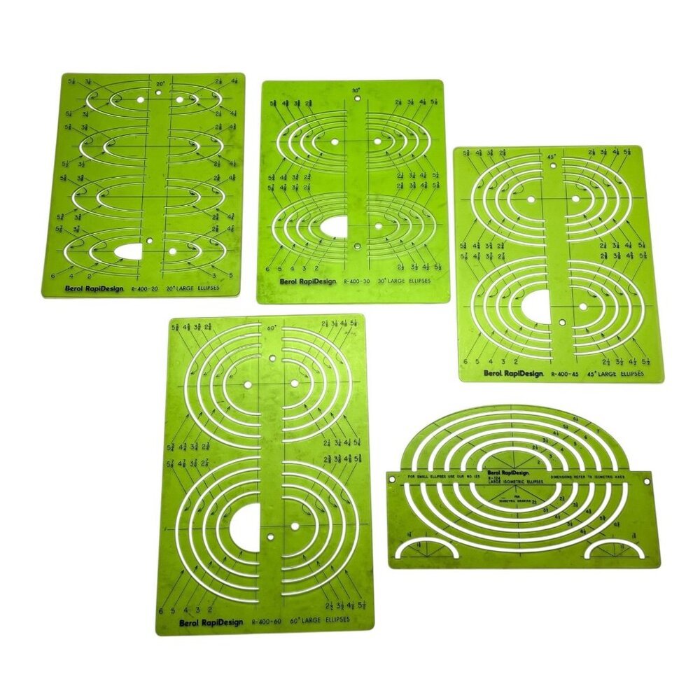 Vintage BEROL RapiDesign Large Ellipses Set 20° 30° 45° 60° Templates R-124